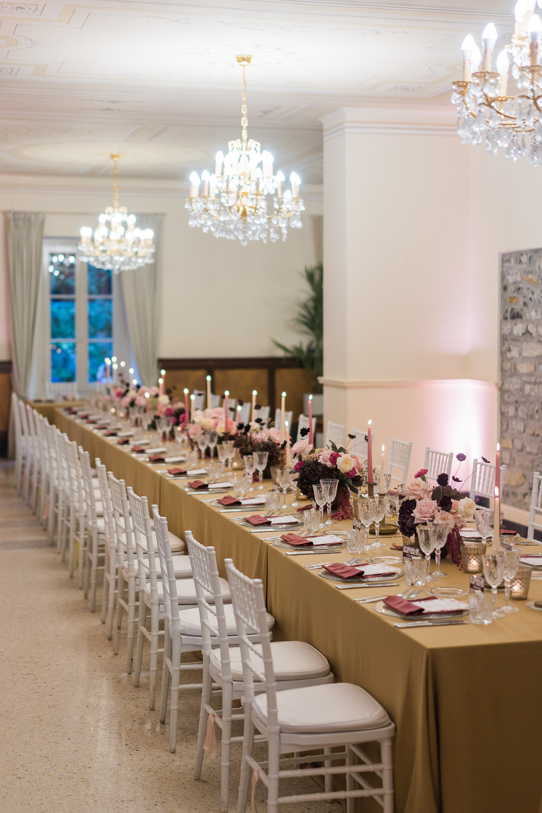 reception table with pink accents