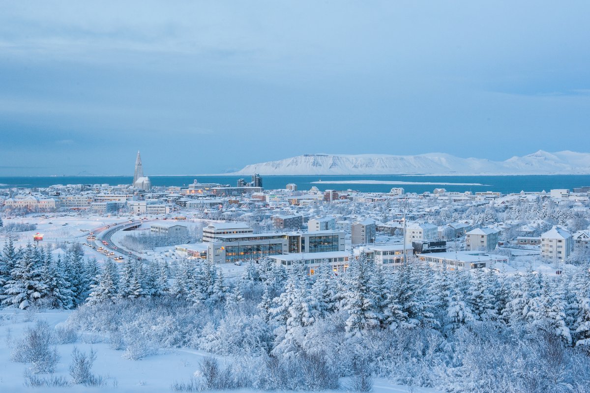 Snow covered town of Reykyavik, Iceland