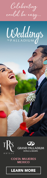 destination wedding couple throwing rose petals in costa mujeres