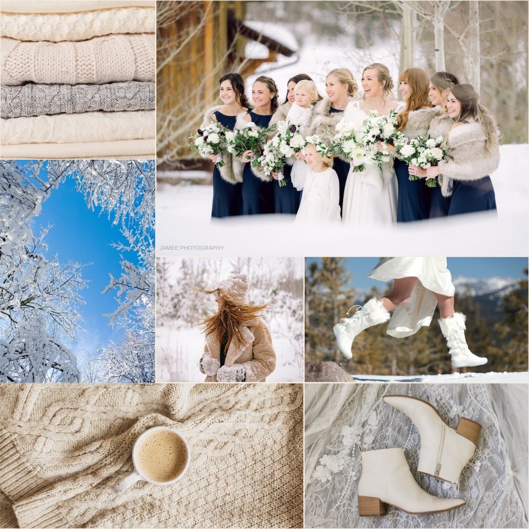 Collage of wintery wedding attire 