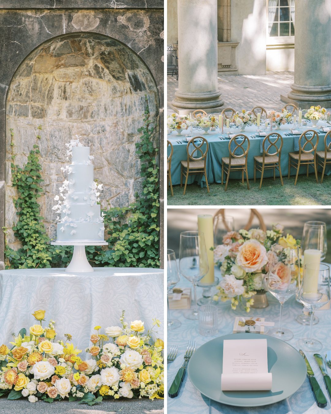 Collage of images from an outdoor wedding setup