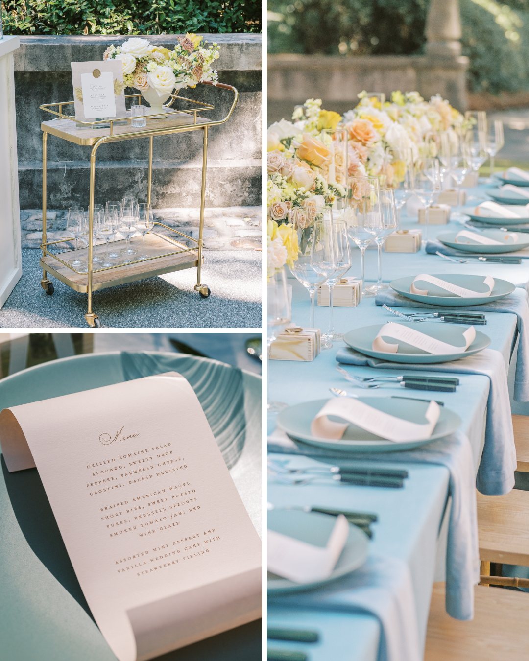 Details of a wedding reception set up with table and bar cart