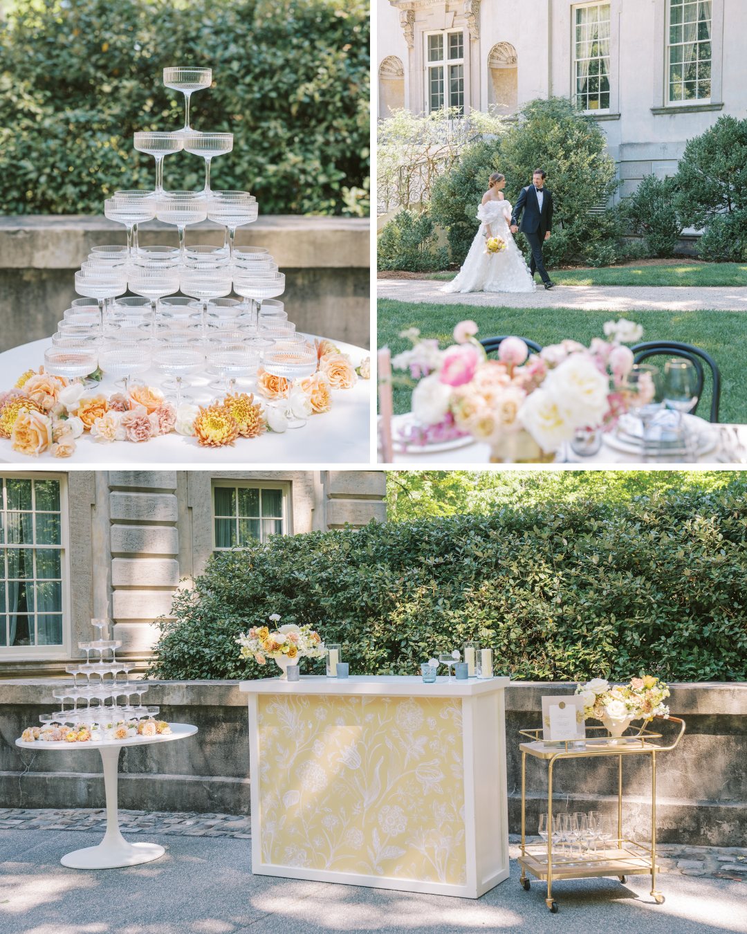 Collage of champagne tower and wedding reception details
