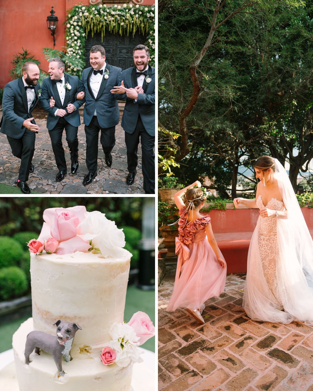 groomsmen laughing together, cake with a figurine of couple's dog, Katie with flower girl