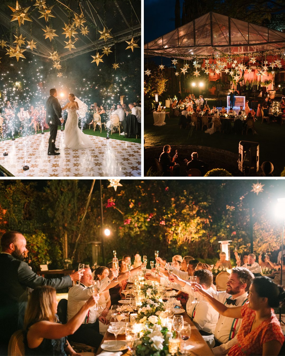 first dance with cold fireworks, reception at night, toasts