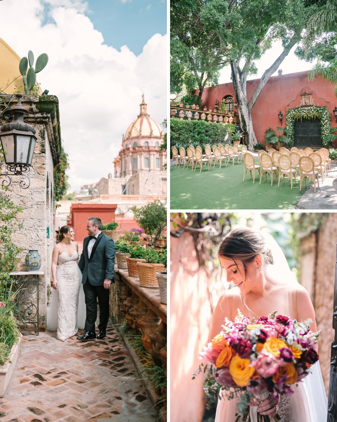 couple's first look with San Miguel chapel in background, ceremony setup, Katie with bouquet