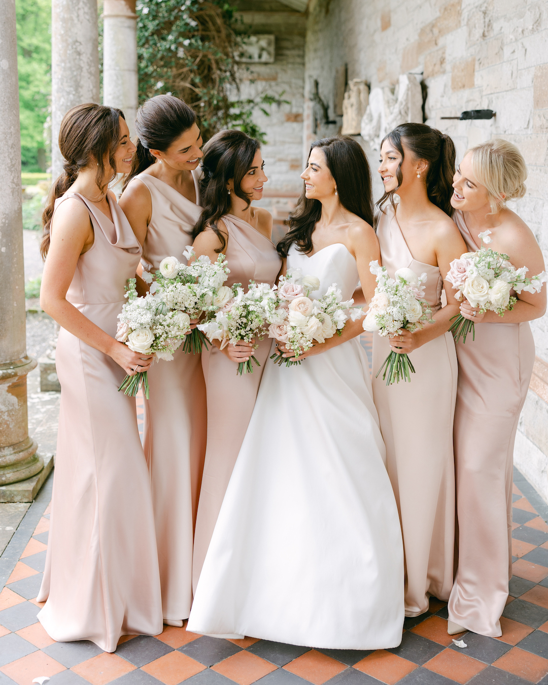 bridesmaids in Cowl-Neck Maxi Tank Dress and Shirred One-Shoulder Satin Trumpet Dress in Toasted Sugar and Cameo