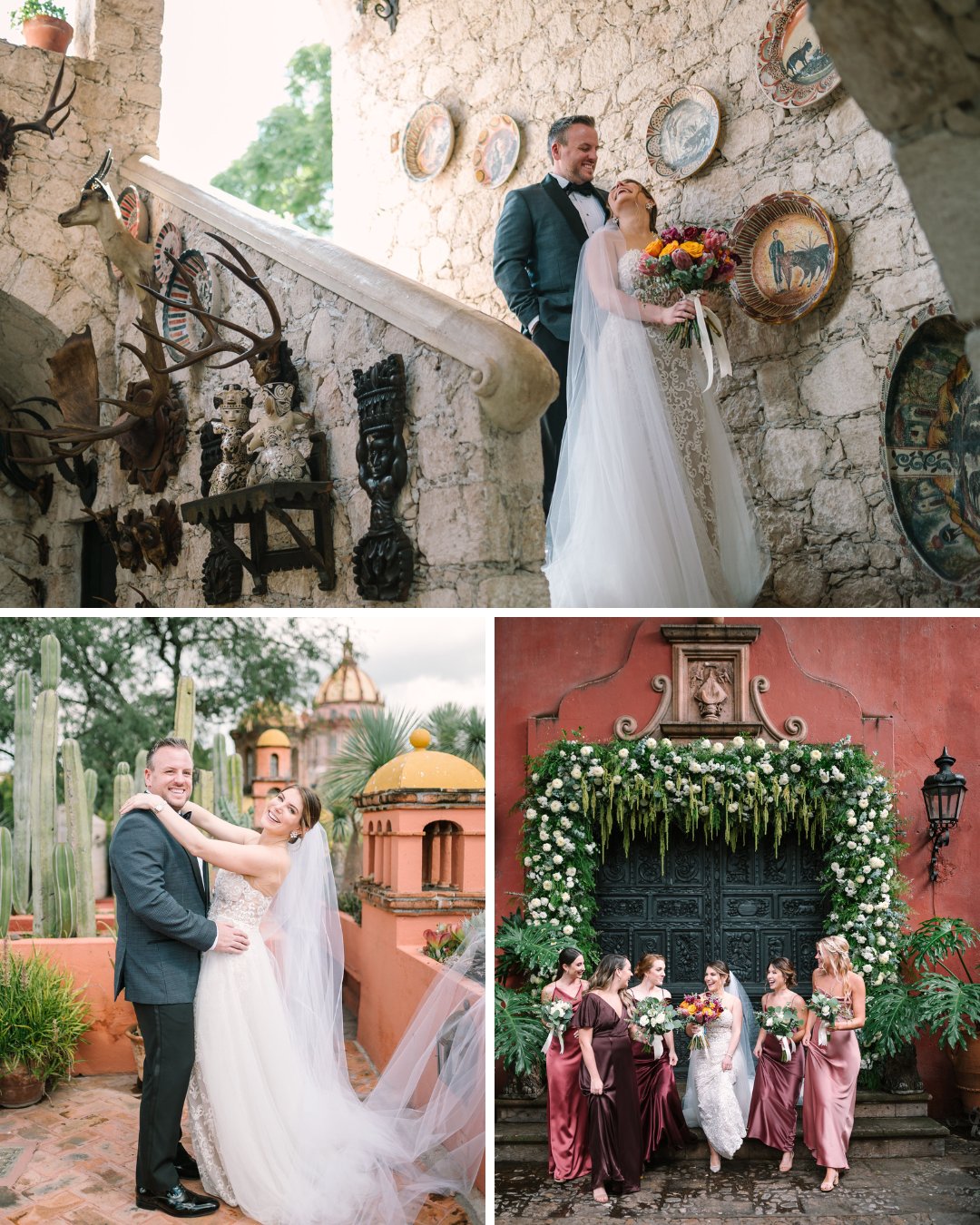 couple's portraits, bride and bridesmaids in various colored dresses