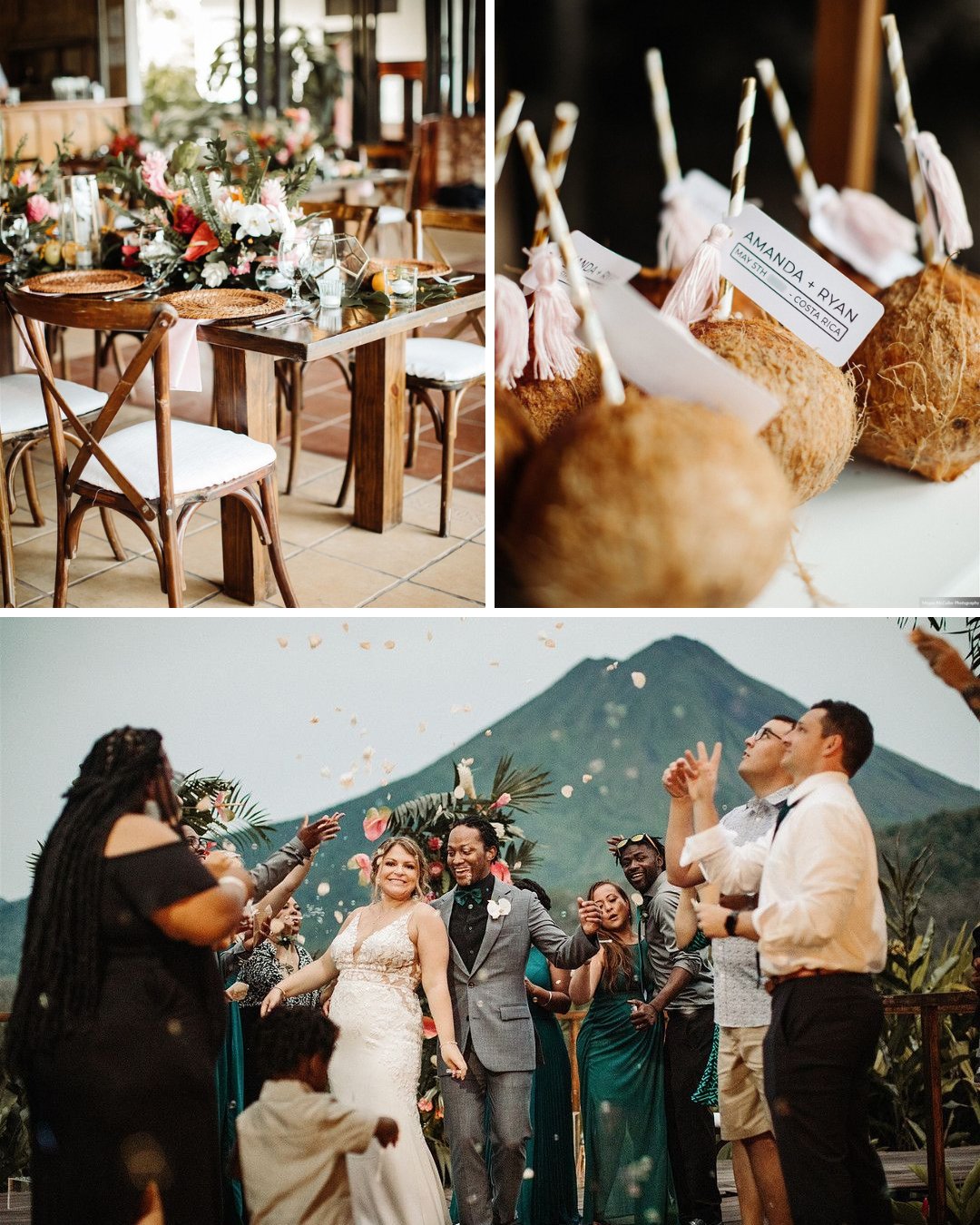 tablescape, fresh coconuts with straws and tag, couple celebrate with guests