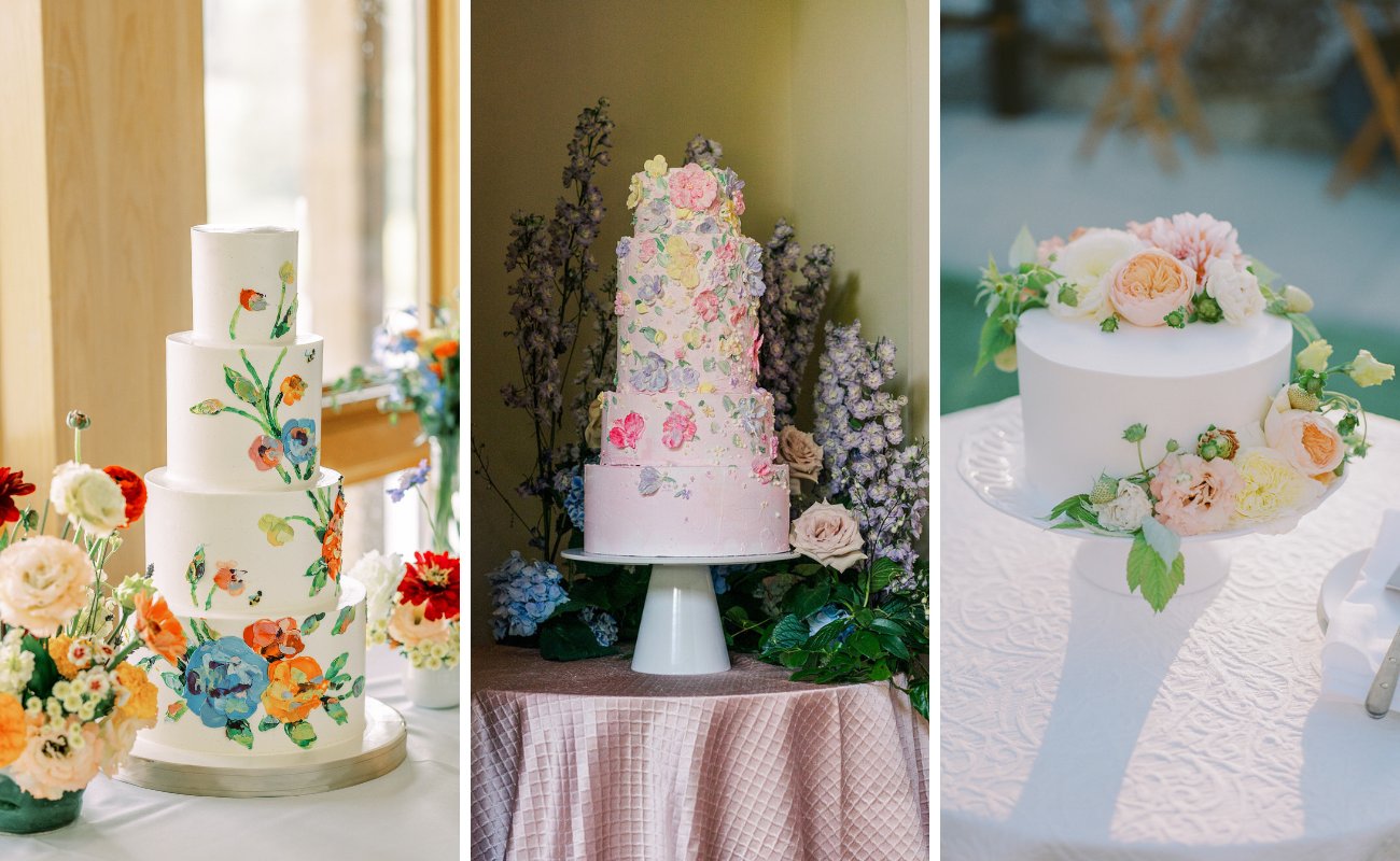 three cakes with floral designs using cake paint, fondant and fresh flowers