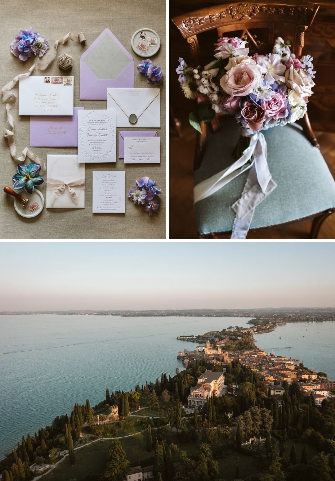 purple and blue stationery and floral bouquet and overview of Sirmione peninsula 