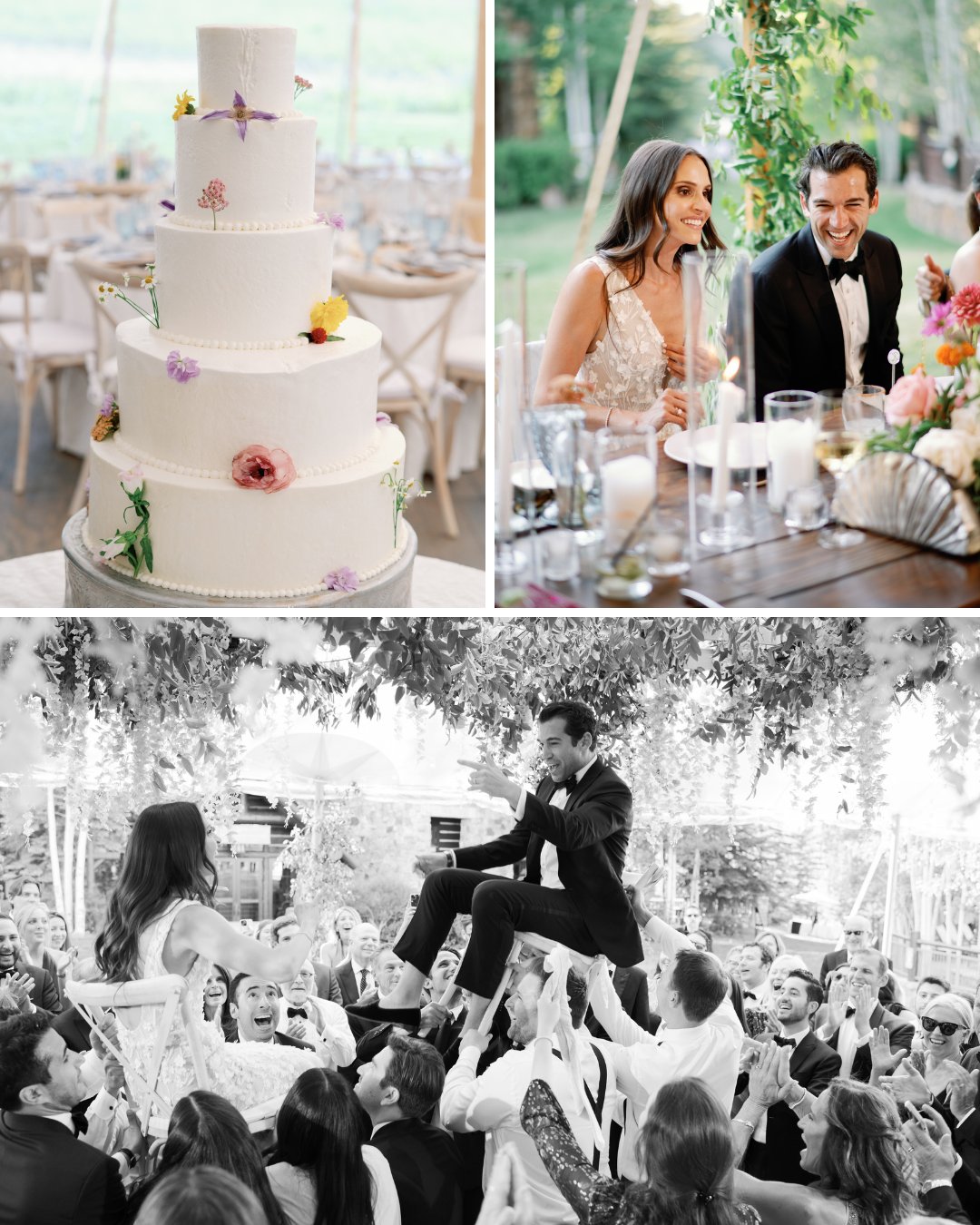 five tier wedding cake, couple enjoying reception