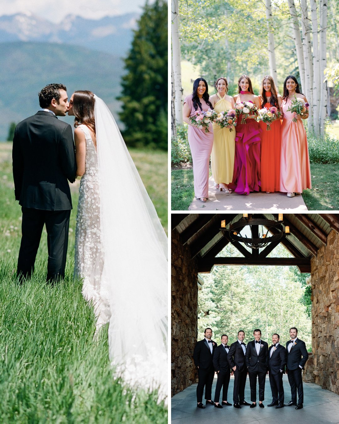 couple kiss on mountain, bridesmaids and groomsmen pose for a photo