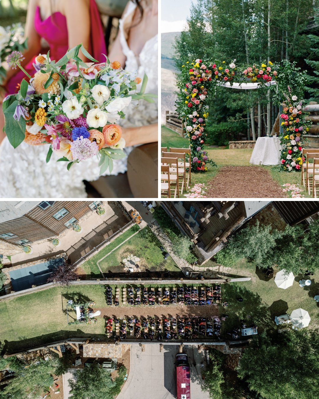 bridal bouquet, floral arch, ceremony aerial view