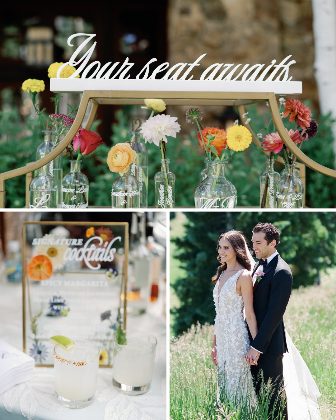 table escort glass jars, signature cocktails sign, couple pose in meadow