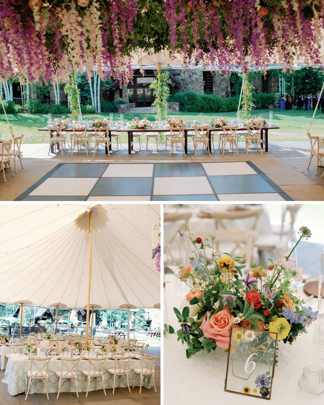 overhead floral installation, inside tent, table floral arrangements with table number sign