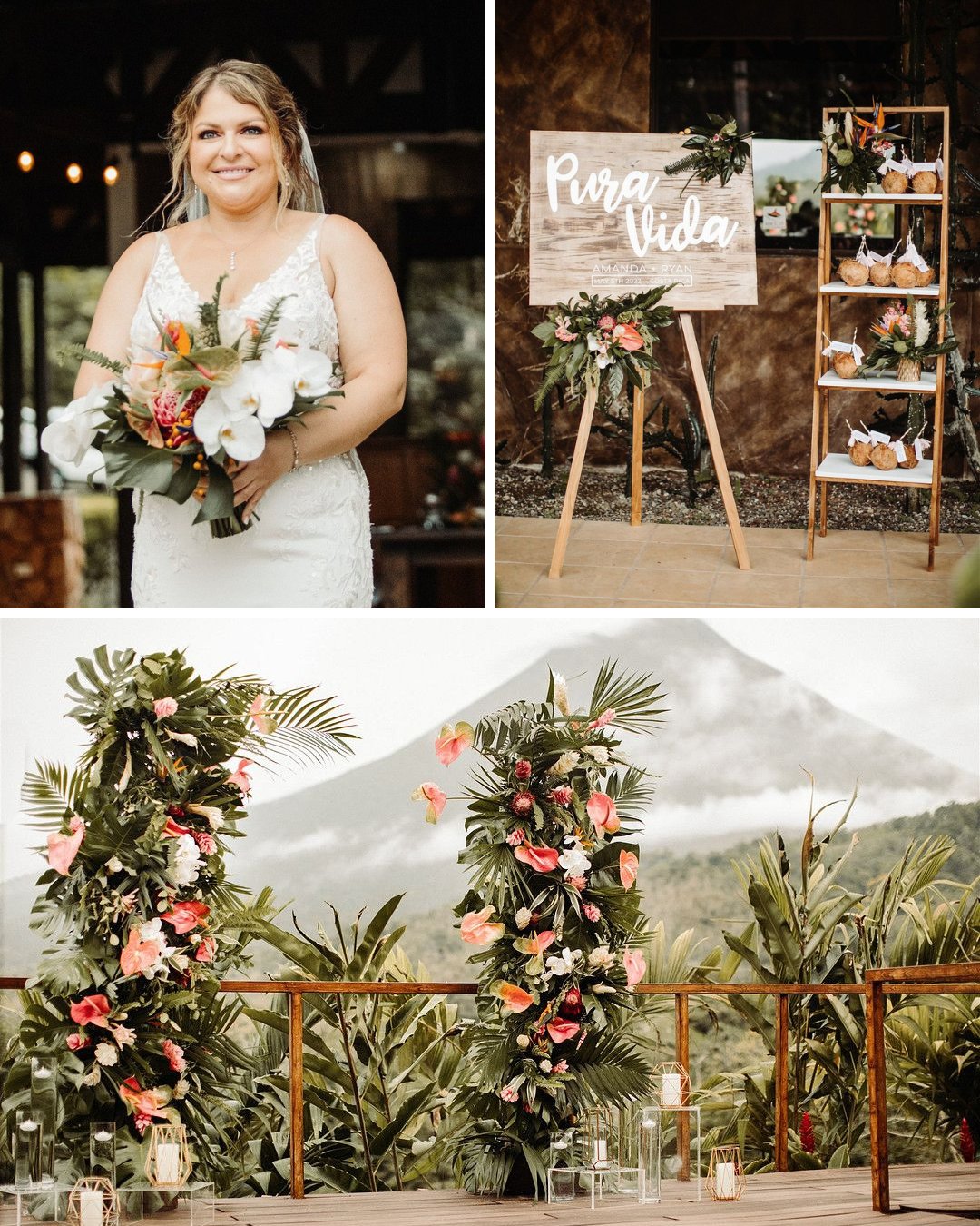 pura vida welcome sign, bride with bouquet, tropical arch with volcano in background
