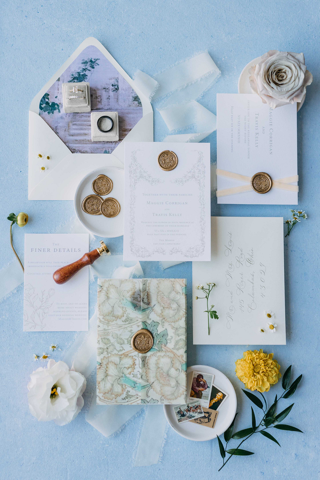Array of wedding invitations in pastel colors