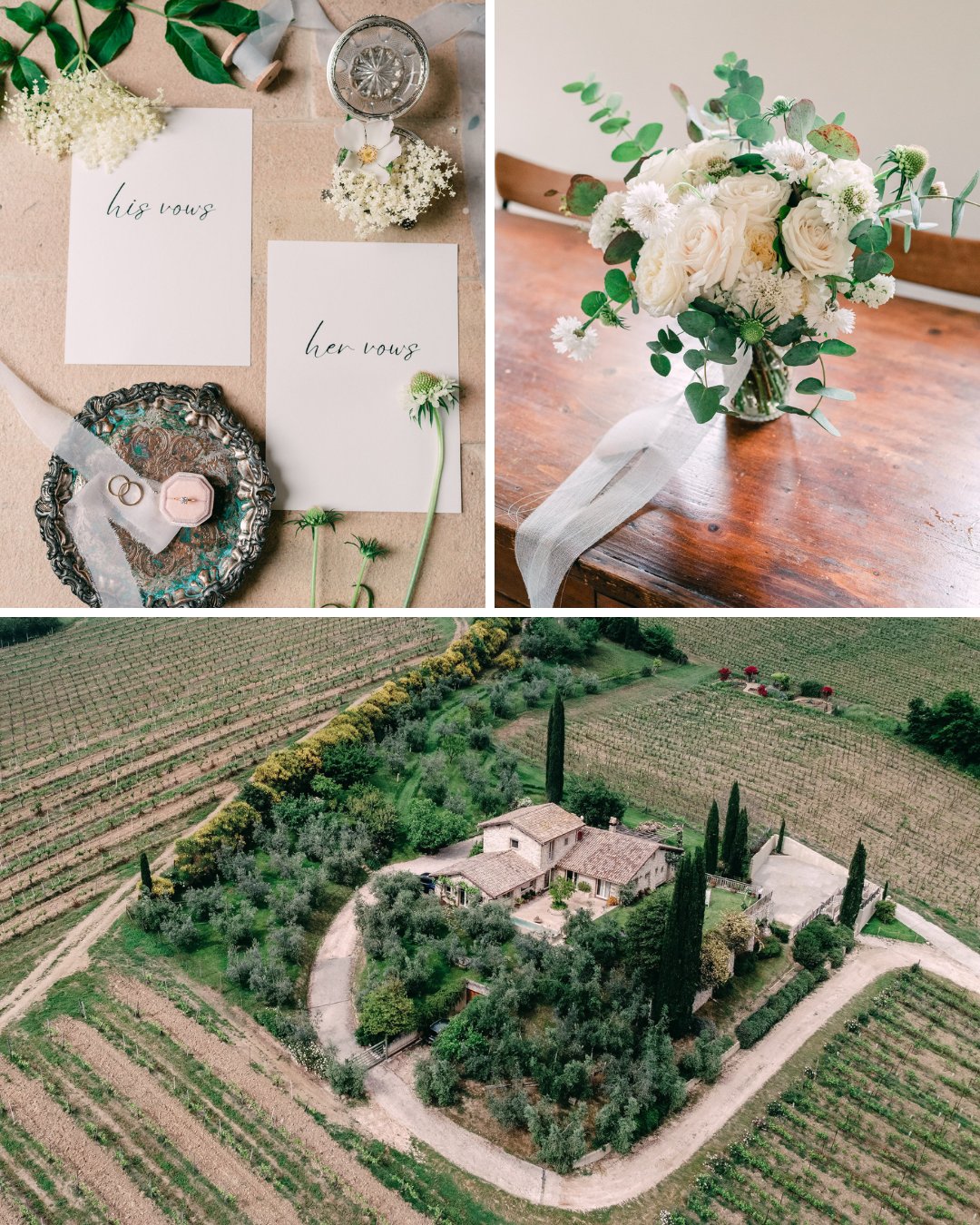 An Italian wedding in Tuscany with a floral bouquet, vow books and Cantina di Santo Iolo aerial view.