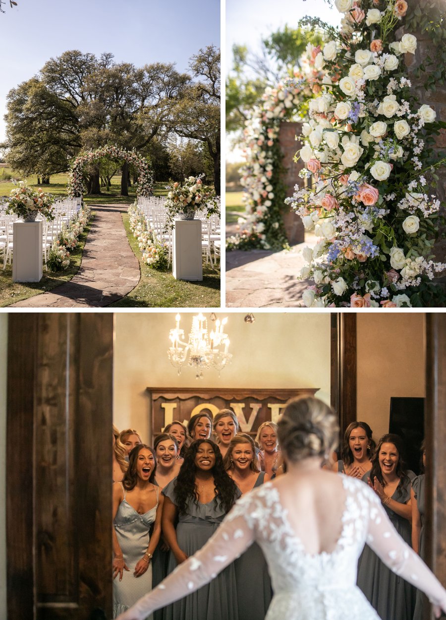 ceremony set up, floral arch, bride's first look with bridesmaids