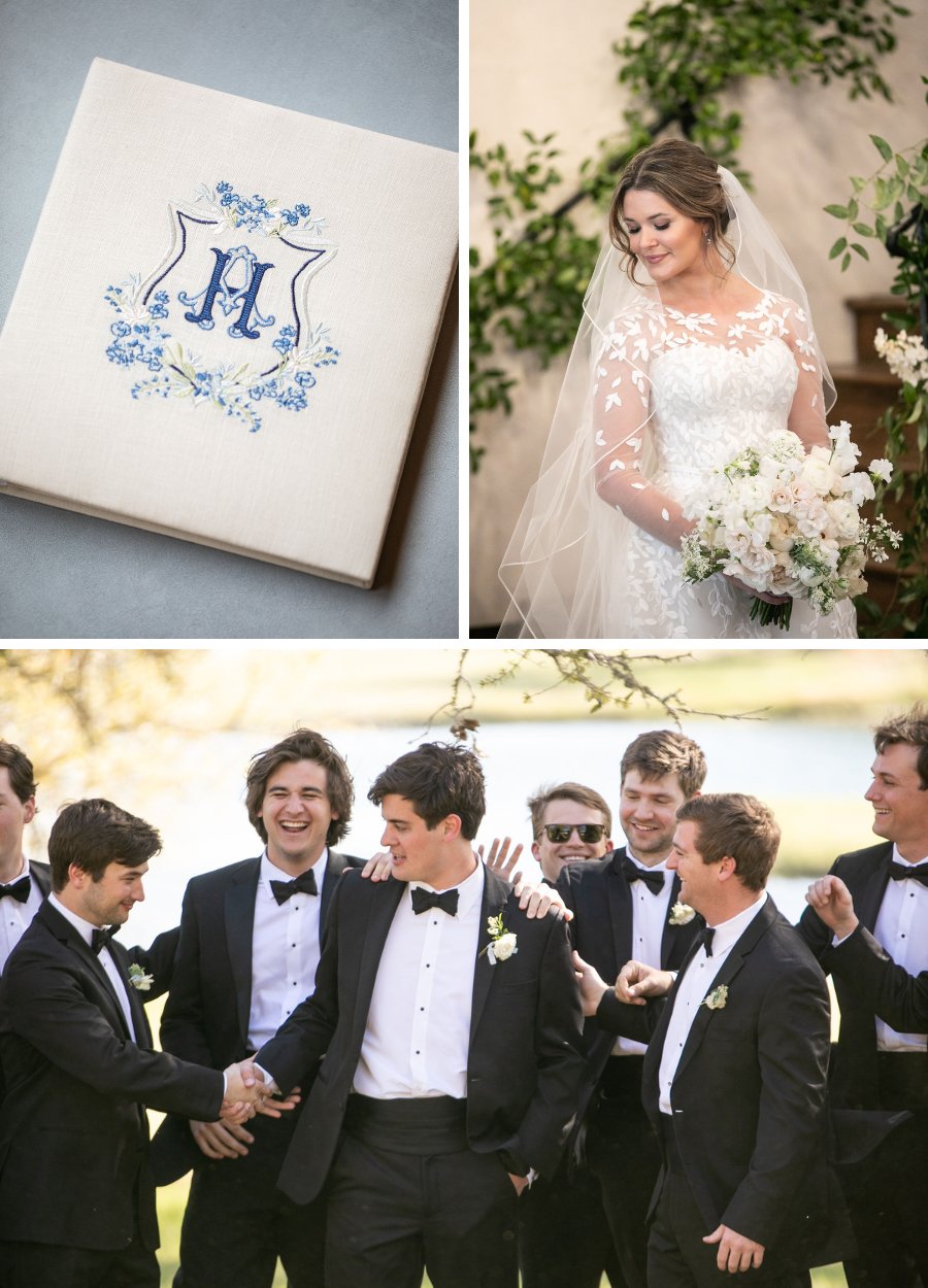 couple's custom logo on napkin, bride with bouquet, groom and groomsmen