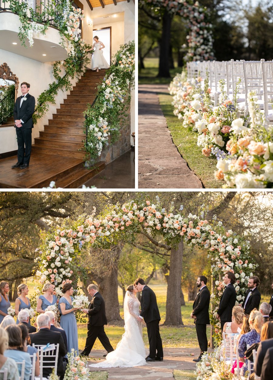 first look, floral aisle arrangements, couple kissing under floral arch