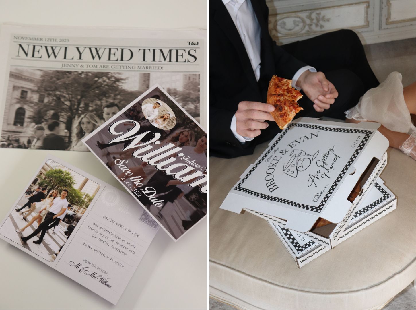newlywed times newspaper, post card save the date, customized pizza box