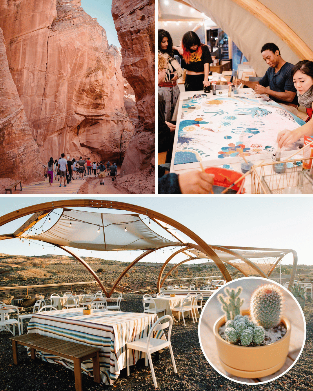 guests hiking through red rocks, guests painting, outdoor dinner space