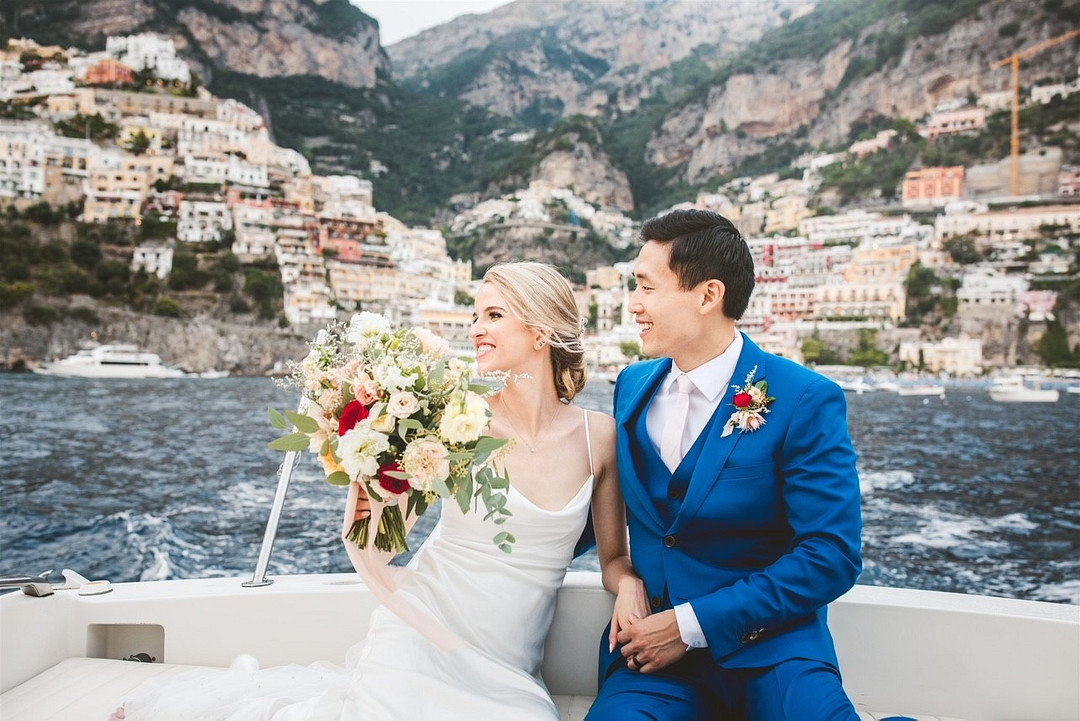 Bride and Groom on boat in Positano