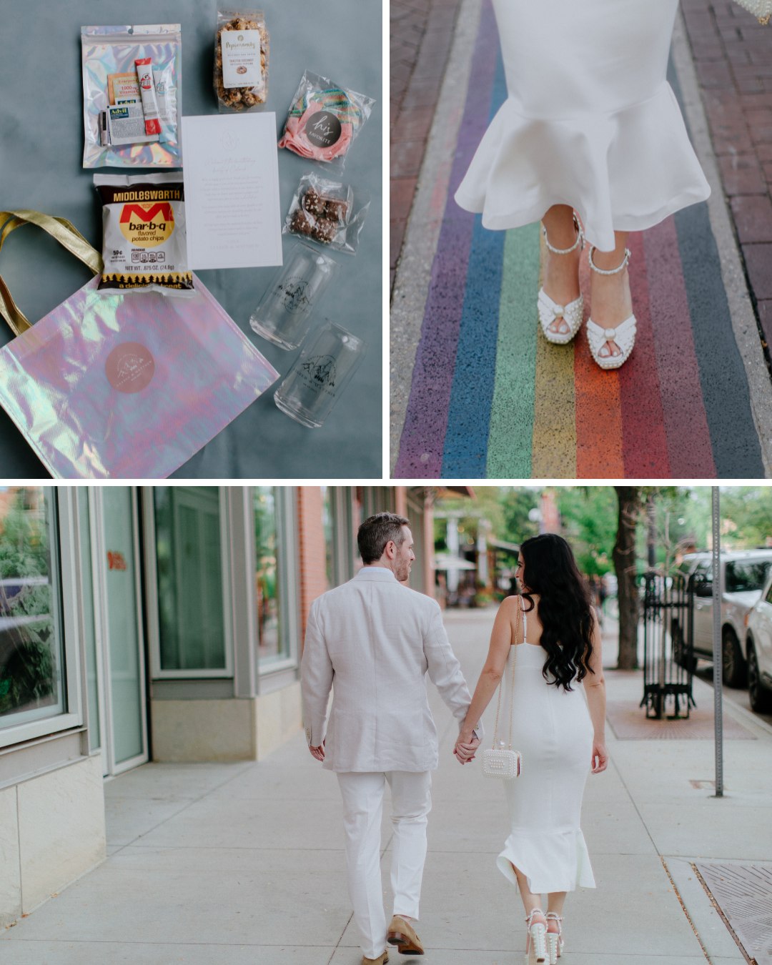 welcome gift contents, bride's Jimmy Choo's on rainbow crosswalk, couple walking hand-in-hand