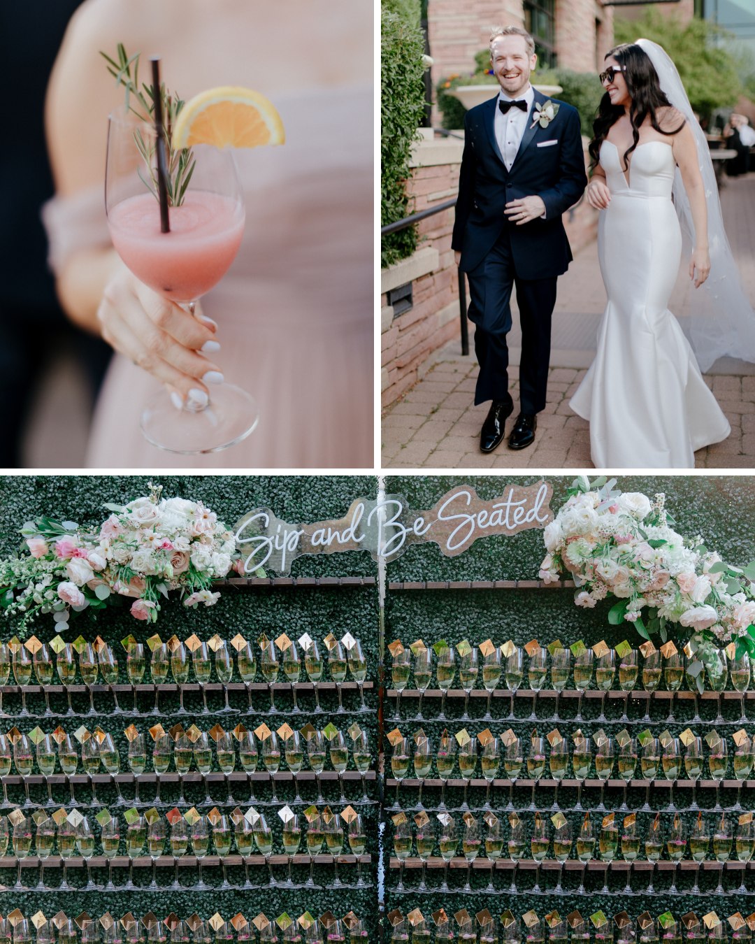 Frozé with rosemary twig, couple walking into reception, champagne wall