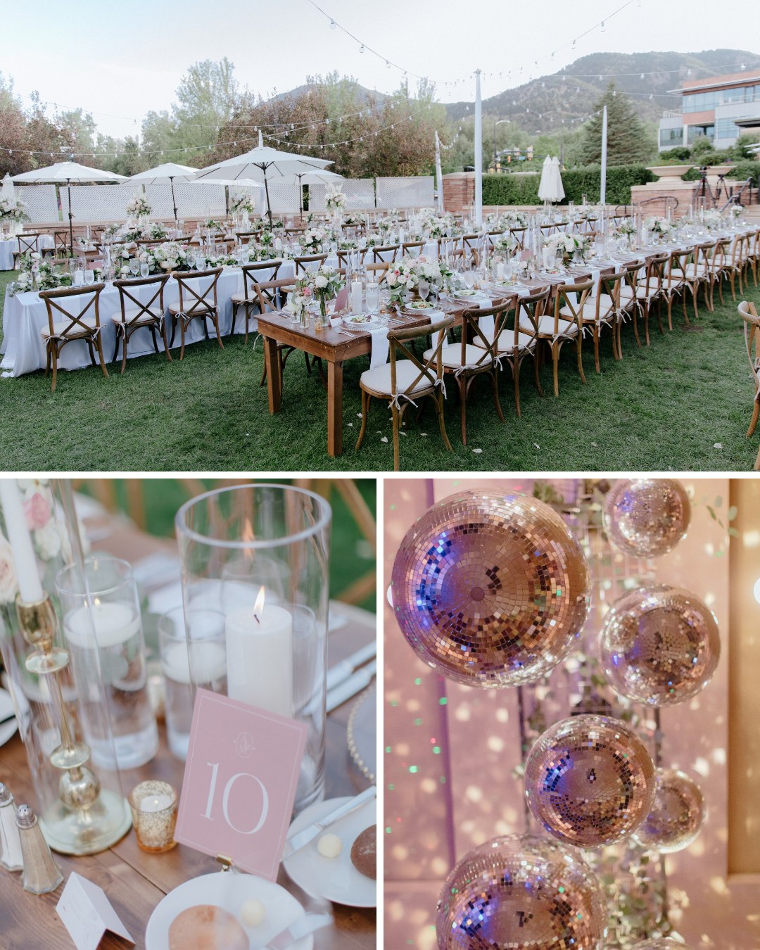 reception tables with mountain backdrop, pink table number, disco balls hanging from ceiling