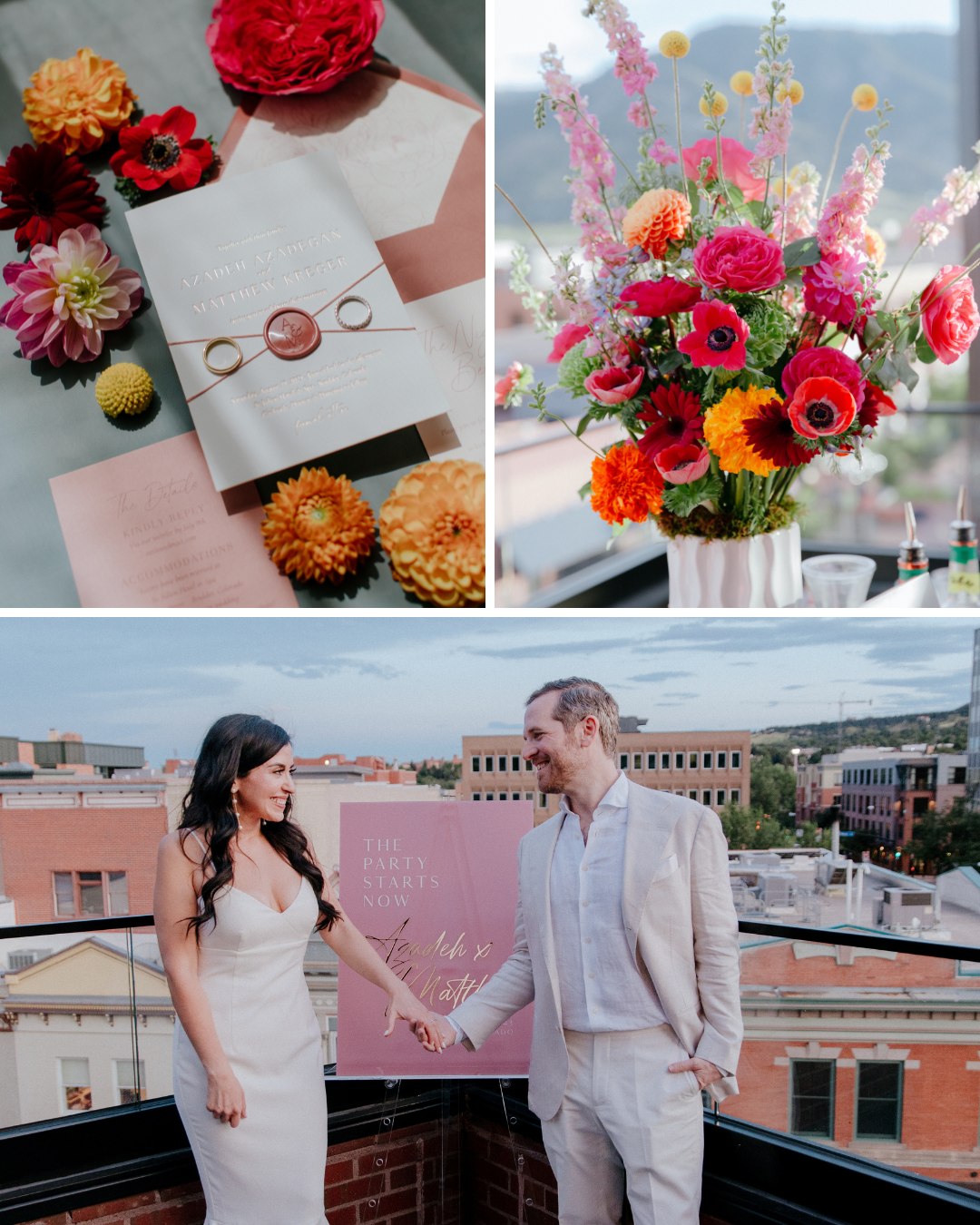 pink invitations, bright florals, couple at welcome party