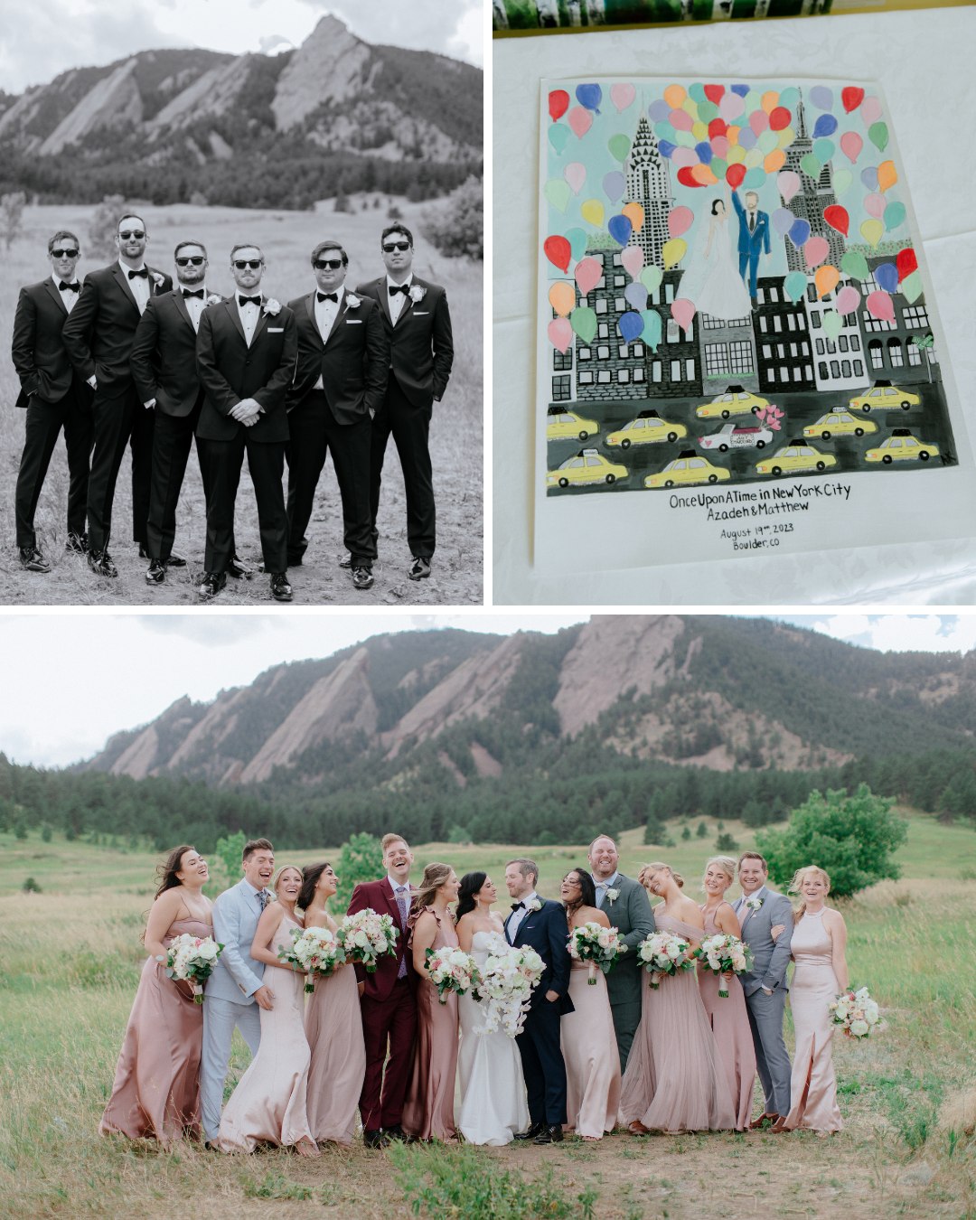 groomsmen at Flat Iron, couple's custom guest book, bride tribe and couple pose