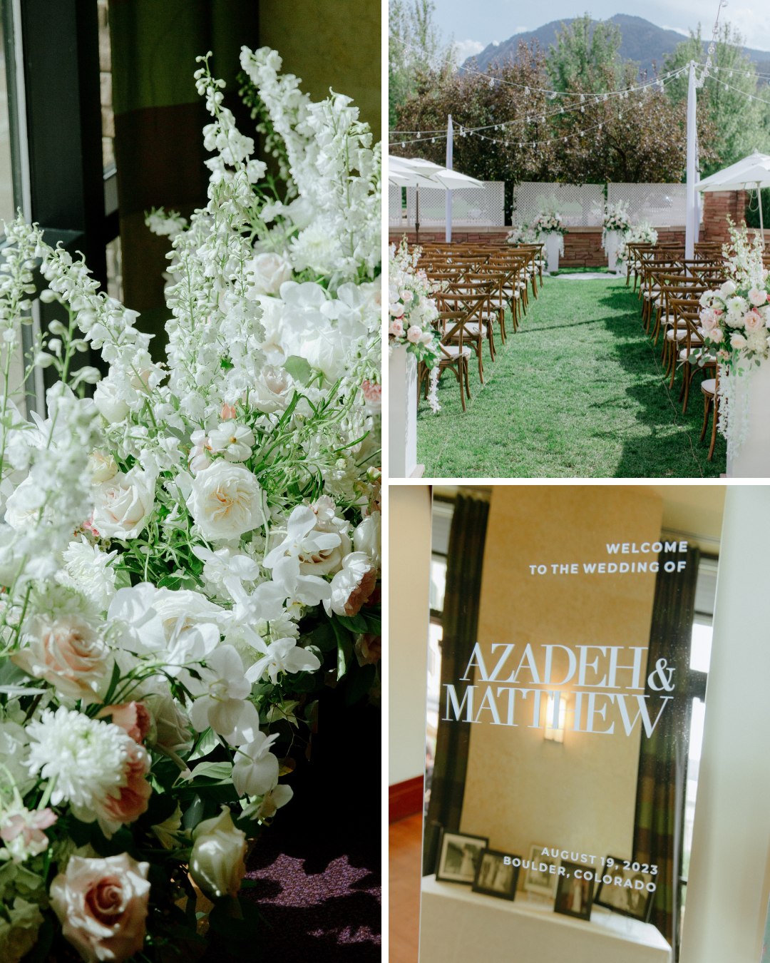 white Laurels and pink roses, ceremony setup, welcome sign