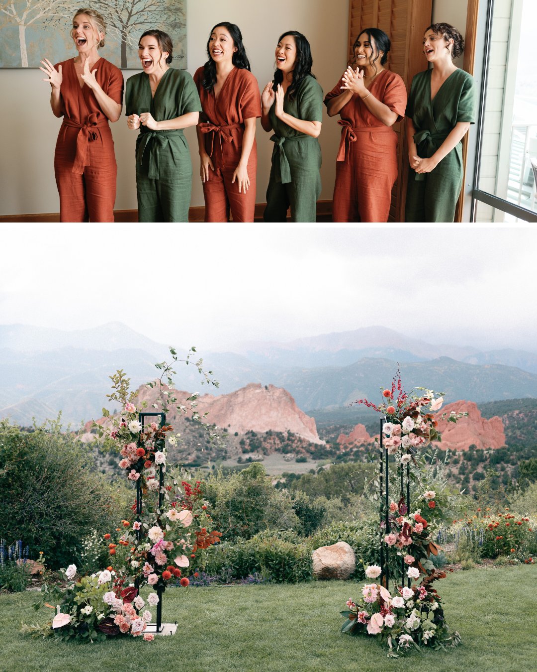 bridesmaids in getting ready rompers, two floral pillars
