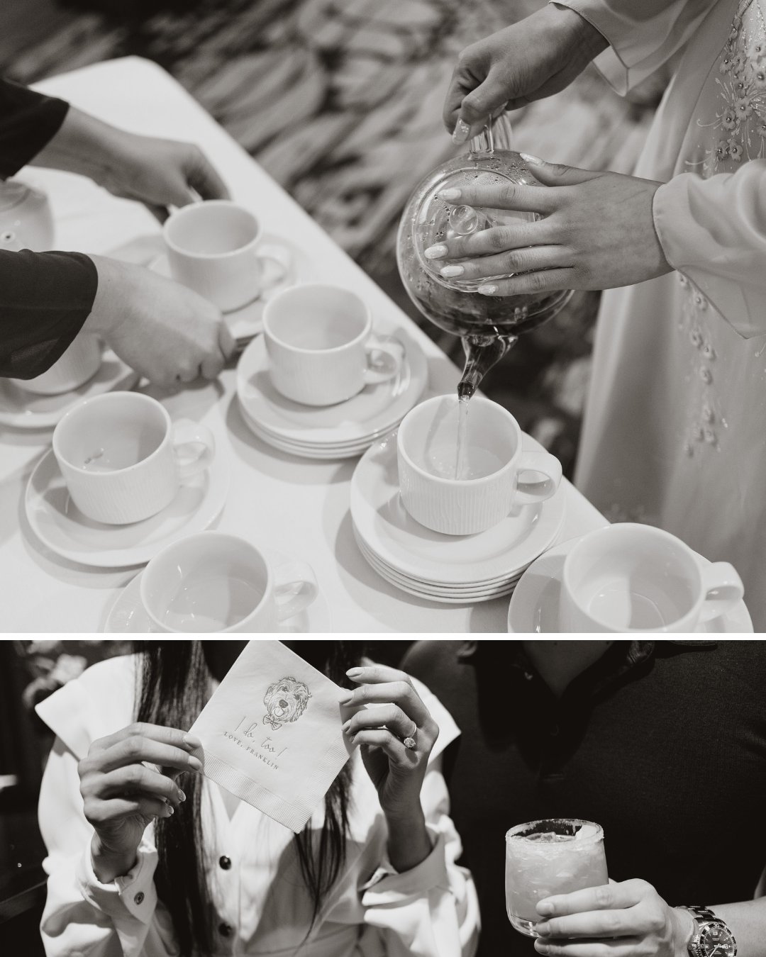tea being poured, couple hold up custom napkins with their dog