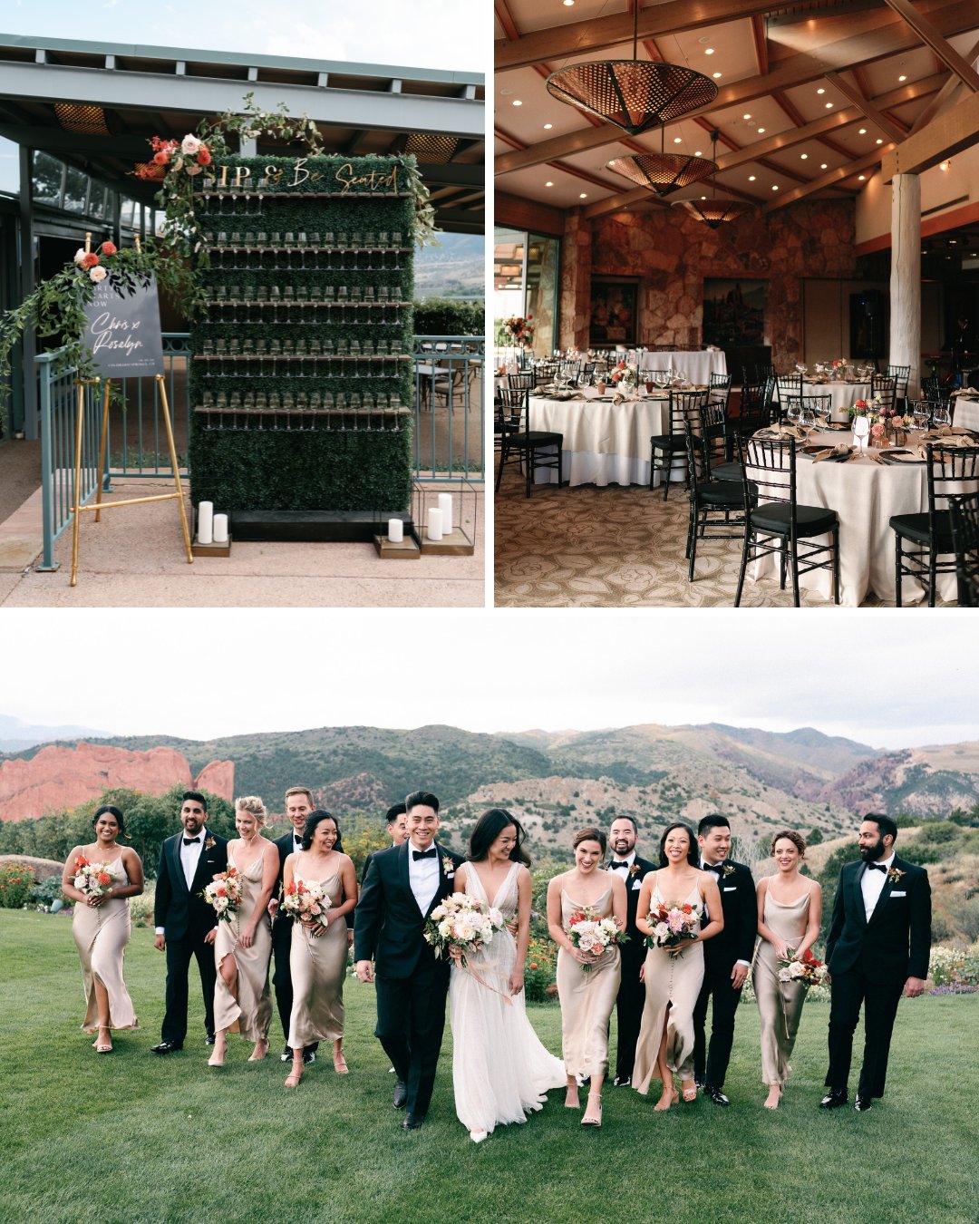 champagne wall, reception hall with black chairs and tan tables, bridal party walking in front of Garden of the Gods