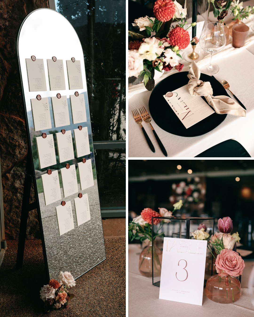 reception table seating assignments, black plate place setting with velvet napkin and menu, table number card