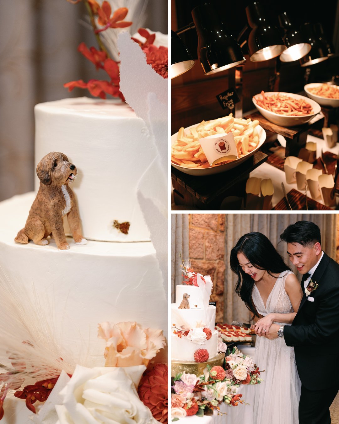 dog figurine on wedding cake, couple cutting cake, fry bar