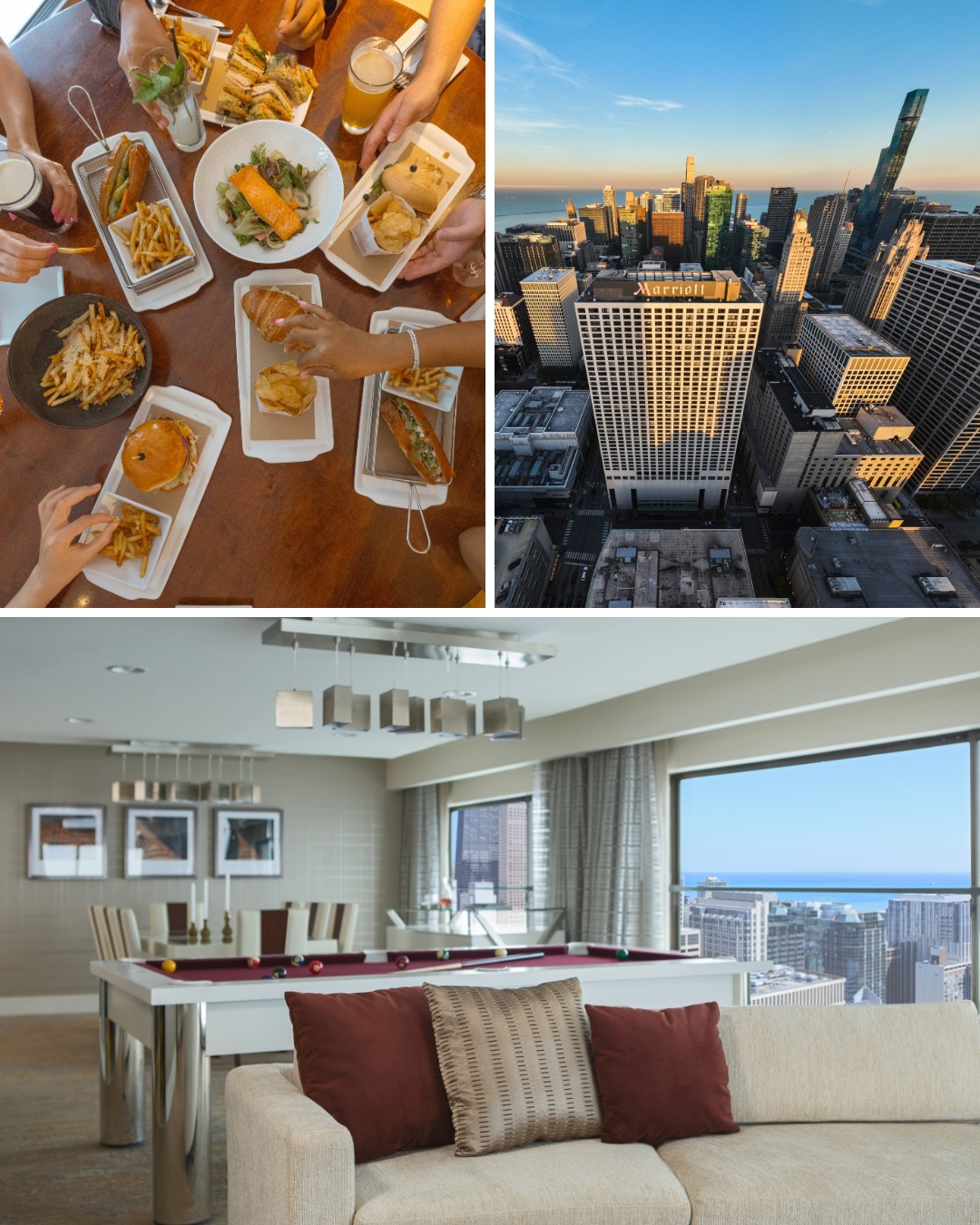 American food spread, Chicago Marriott aerial, hotel room interior