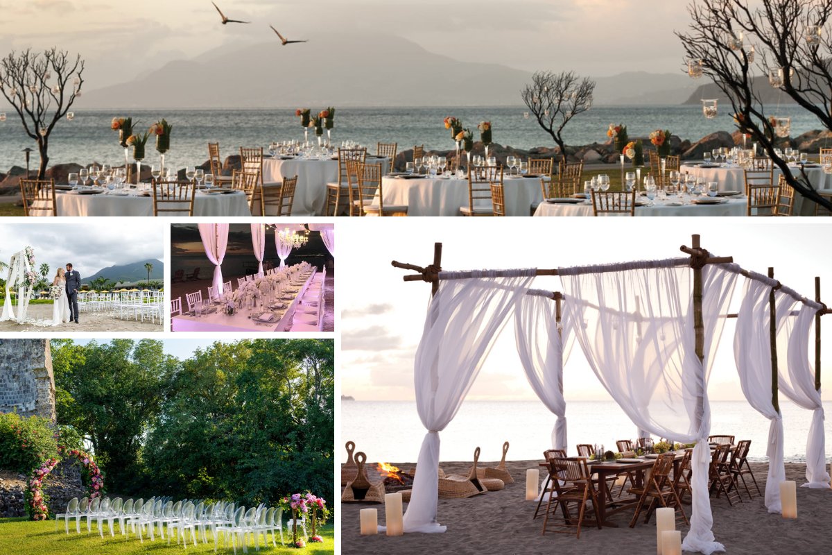 wedding ceremony and reception setups at Four Seasons Nevis