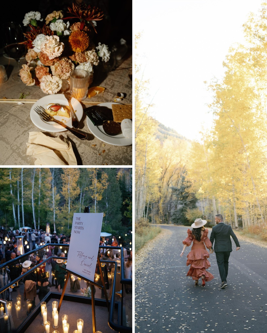 dessert with florals, welcome signs, couple on road with Aspens