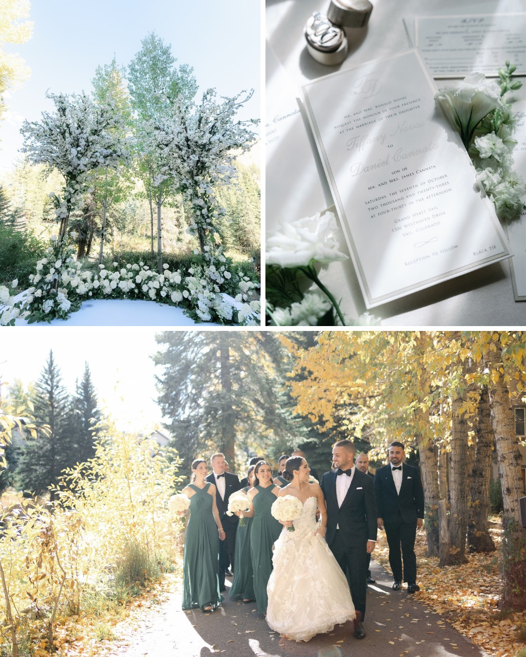 white florals, stationery, couple with bridal party in woods