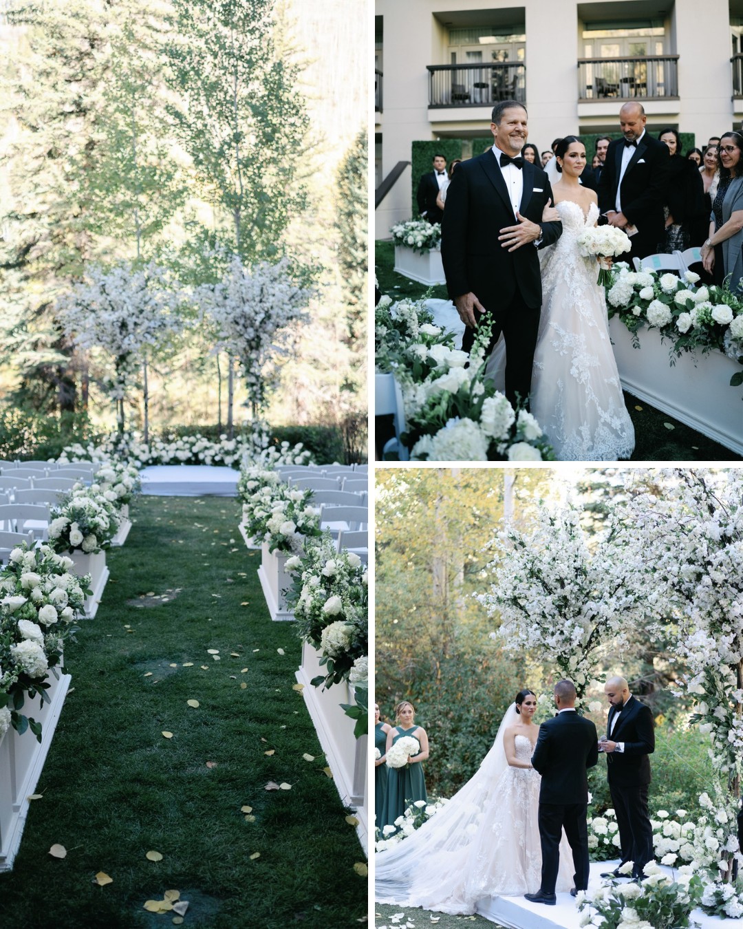 white floral trees, bride walks aisle with dad, couple stand at altar