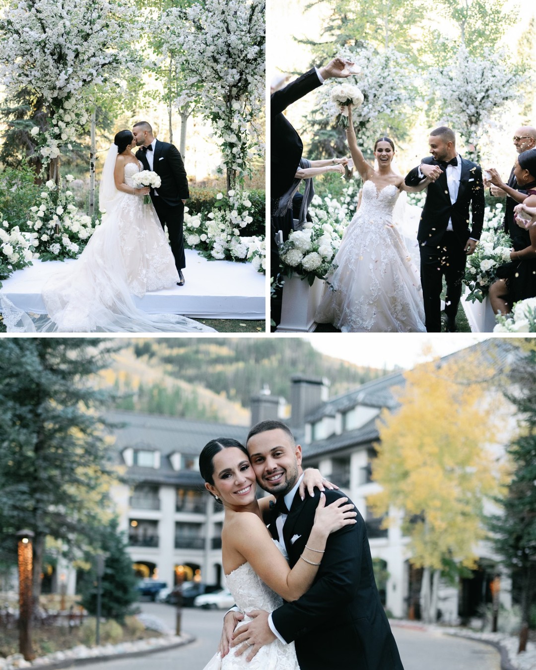 couple kiss at altar, leave and take a photo in front of hotel