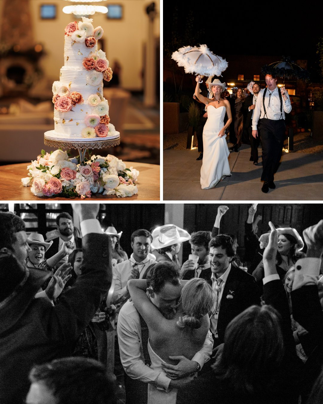 cake with pink and white flowers, second line, bride and groom embrace on dance floor