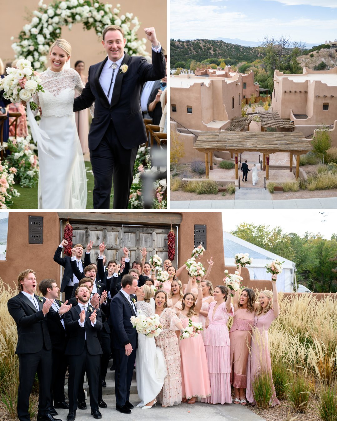 bride in lacey dress with groom, adobe houses, bridal party