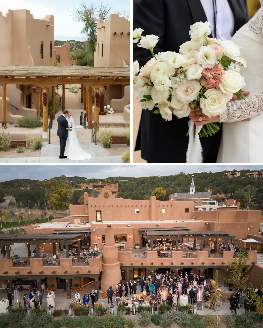 adobe buildings, bride's white and pink bouquet, cocktail hour at Bishop’s Lodge