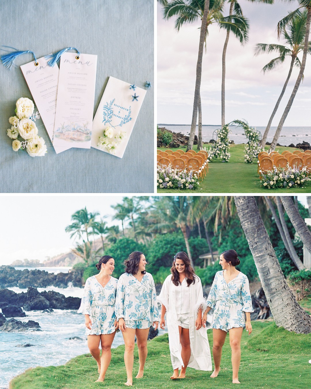 menus with blue backdrop, ceremony setup with ocean view, bride and bridesmaids walk by the sea